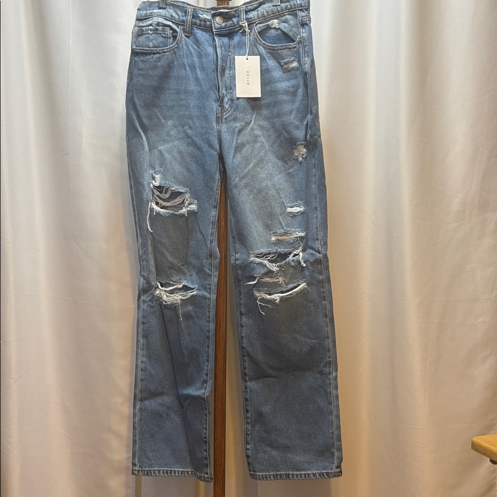 Cello Light Blue Distressed Straight Leg Jeans